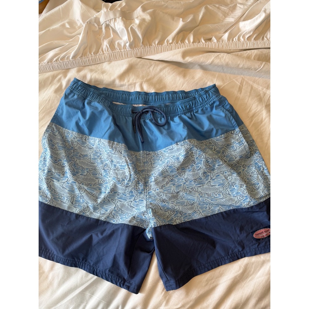 Vineyard Vines Mens XL Blue Colorblock Fish Print Swim Trunks Board Shorts